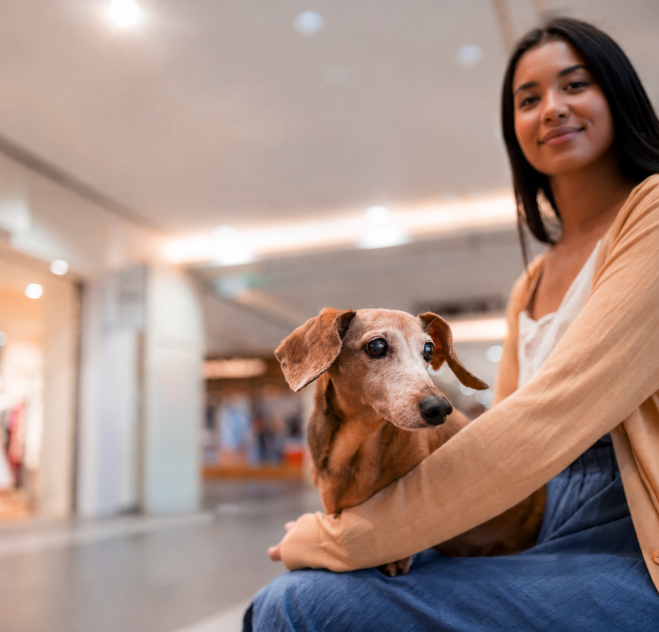 Perro salchicha en brazos de su dueña dentro del shopping
